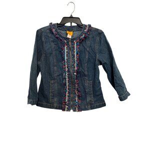 Ruby Rd Denim Jacket Womens Size 6 Multicolor Fringe Beaded Embellishments Made
